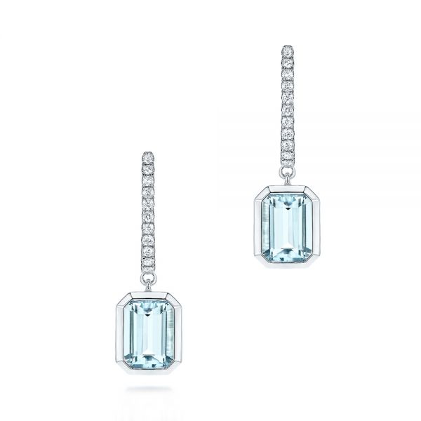 18k White Gold 18k White Gold Aquamarine And Diamond Stud Huggies - Three-Quarter View -  106447