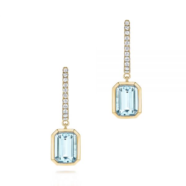 14k Yellow Gold 14k Yellow Gold Aquamarine And Diamond Stud Huggies - Three-Quarter View -  106447