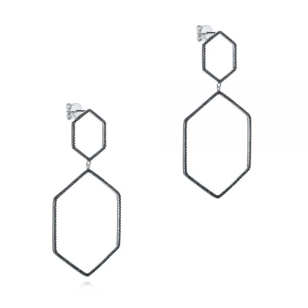 14k White Gold Black Diamond Geometric Hexagon Earrings - Front View - 105348