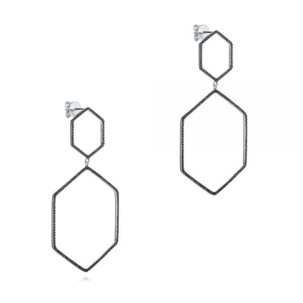 14k White Gold Black Diamond Geometric Hexagon Earrings - Front View -  105348