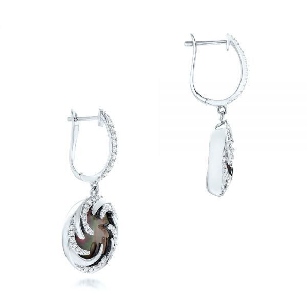 14k White Gold 14k White Gold Black Mother Of Pearl And Diamond Luna Fire Earrings - Front View -  102496