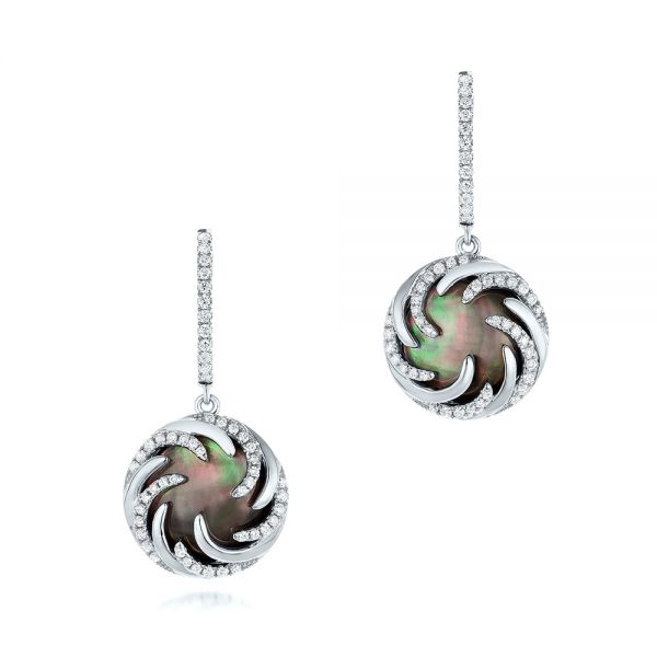 14k White Gold 14k White Gold Black Mother Of Pearl And Diamond Luna Fire Earrings - Three-Quarter View -  102496