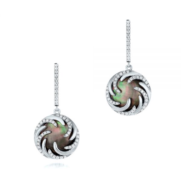 18k White Gold 18k White Gold Black Mother Of Pearl And Diamond Luna Fire Earrings - Three-Quarter View -  102496