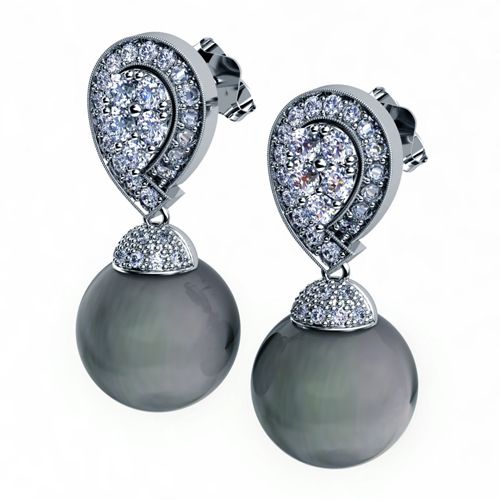 Black Pearl And Pave Diamond Earrings - Three-Quarter View -  979
