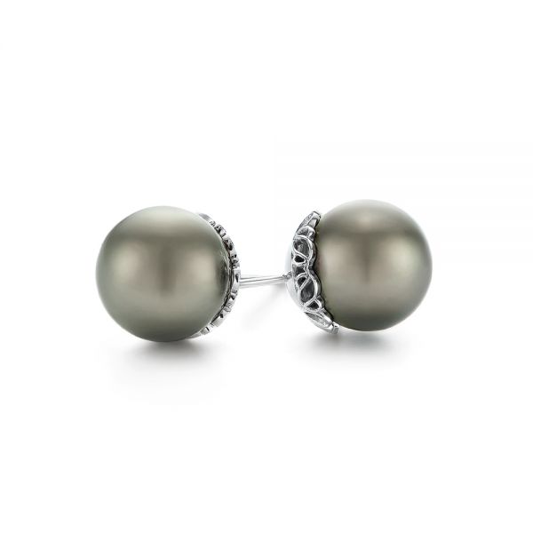 14k White Gold Black Tahitian Pearl Earring Studs - Front View -  105382