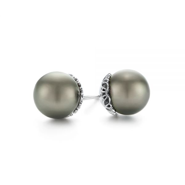 14k White Gold Black Tahitian Pearl Earring Studs - Front View - 105382