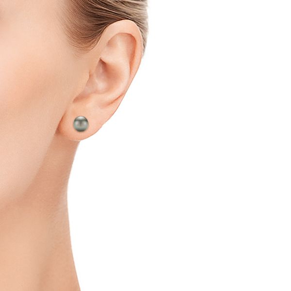 14k White Gold Black Tahitian Pearl Earring Studs - Hand View - 105382