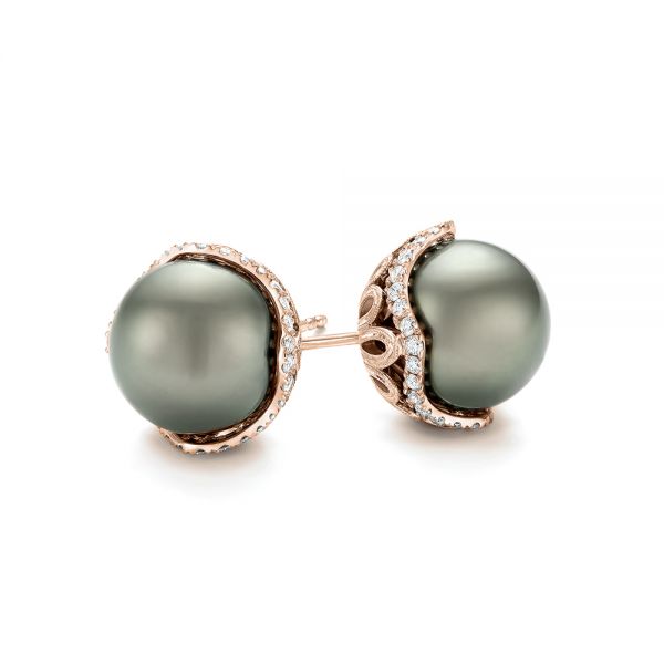 14k Rose Gold 14k Rose Gold Black Tahitian Pearl And Diamond Earring Studs - Front View -  103608