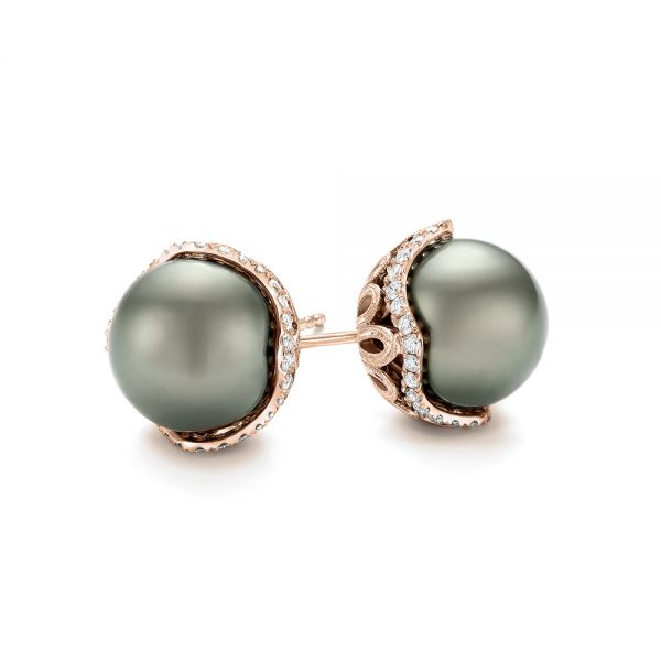 18k Rose Gold 18k Rose Gold Black Tahitian Pearl And Diamond Earring Studs - Front View -  103608