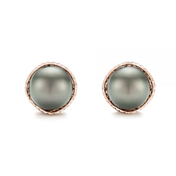 14k Rose Gold 14k Rose Gold Black Tahitian Pearl And Diamond Earring Studs - Three-Quarter View -  103608