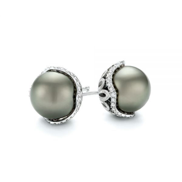  Platinum Platinum Black Tahitian Pearl And Diamond Earring Studs - Front View -  103608