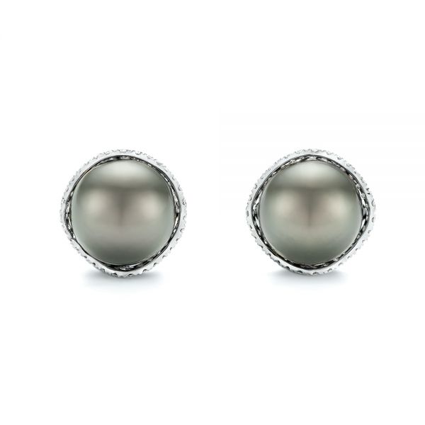 18k White Gold Black Tahitian Pearl And Diamond Earring Studs - Three-Quarter View -  103608