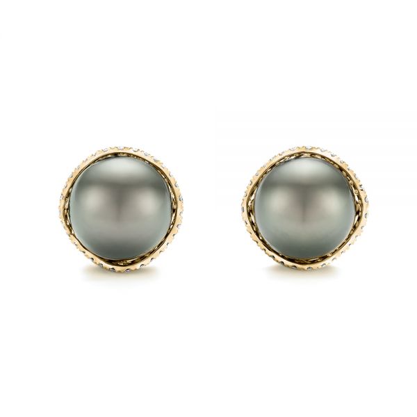 18k Yellow Gold 18k Yellow Gold Black Tahitian Pearl And Diamond Earring Studs - Three-Quarter View -  103608