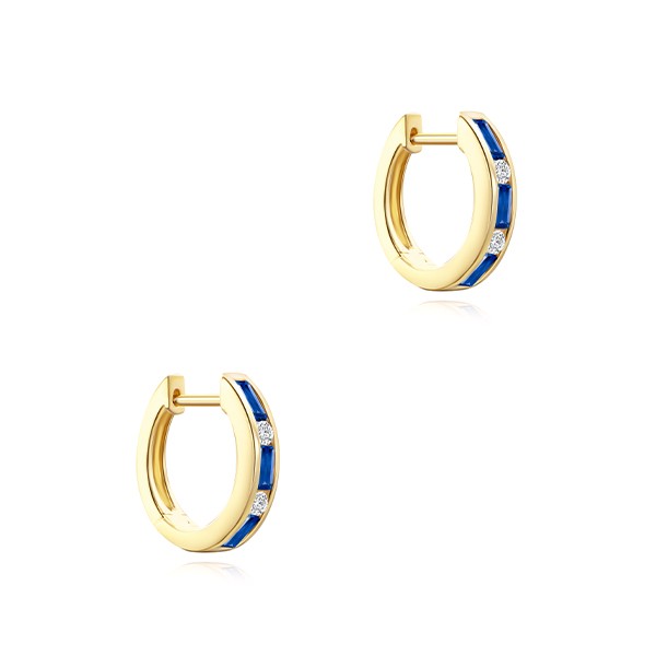 14k Yellow Gold Blue Sapphire Huggies With Diamonds - Front View -  108112 - Thumbnail