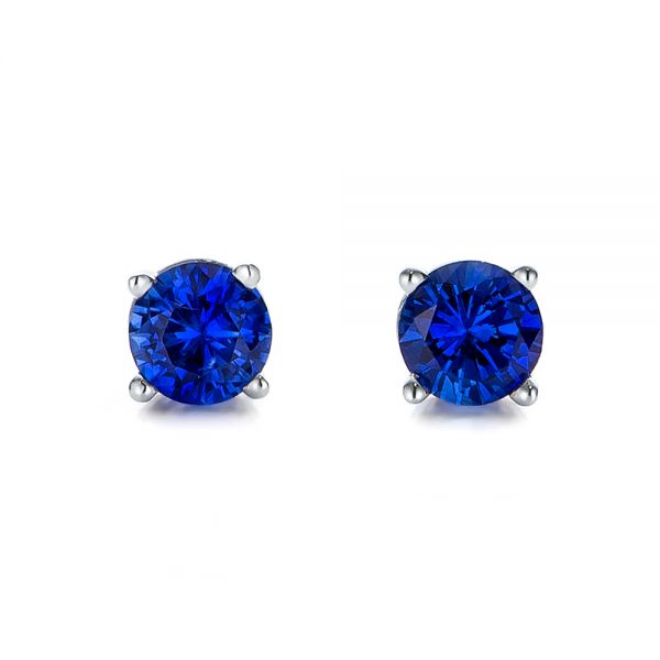 14k White Gold Blue Sapphire Stud Earrings - Three-Quarter View -  100956