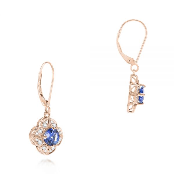 14k Rose Gold 14k Rose Gold Blue Sapphire And Diamond Drop Earrings - Front View -  103423