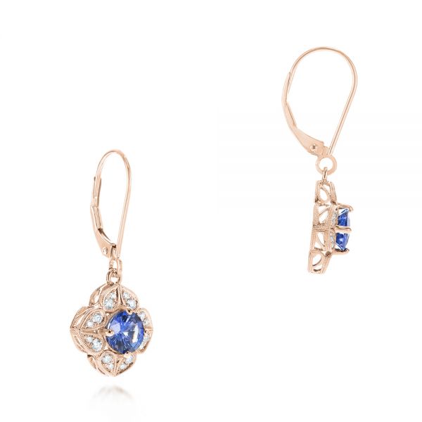 14k Rose Gold 14k Rose Gold Blue Sapphire And Diamond Drop Earrings - Front View - 103423