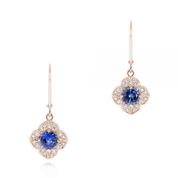 14k Rose Gold 14k Rose Gold Blue Sapphire And Diamond Drop Earrings - Three-Quarter View -  103423