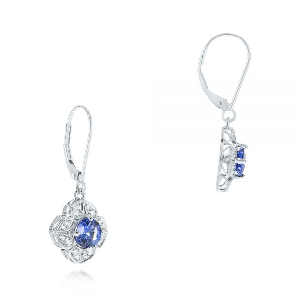 14k White Gold 14k White Gold Blue Sapphire And Diamond Drop Earrings - Front View -  103423