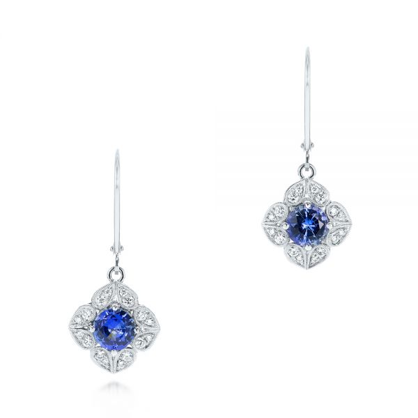 18k White Gold Blue Sapphire And Diamond Drop Earrings - Three-Quarter View -  103423