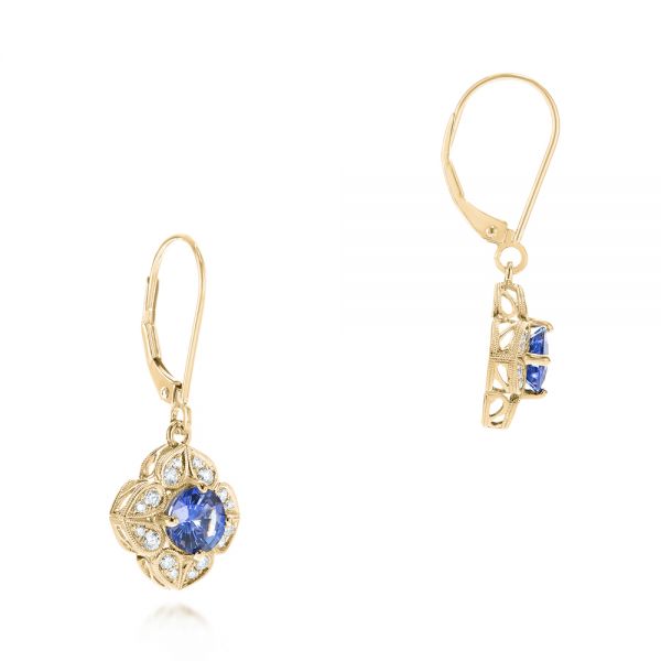 18k Yellow Gold 18k Yellow Gold Blue Sapphire And Diamond Drop Earrings - Front View -  103423