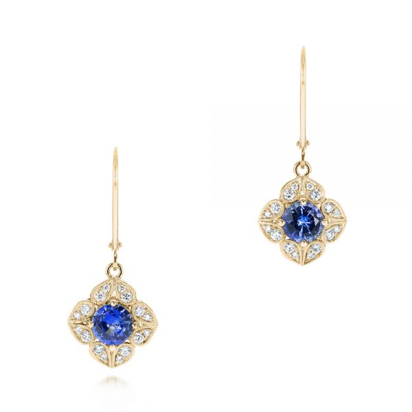 14k Yellow Gold 14k Yellow Gold Blue Sapphire And Diamond Drop Earrings - Three-Quarter View -  103423
