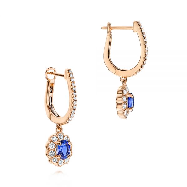 18k Rose Gold 18k Rose Gold Blue Sapphire And Diamond Earrings - Front View - 106455