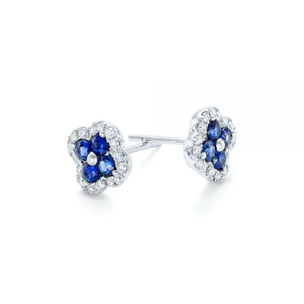 14k White Gold Blue Sapphire And Diamond Earrings - Front View -  102668
