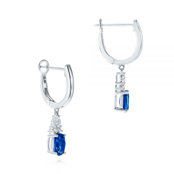 14k White Gold Blue Sapphire And Diamond Earrings - Front View -  106062