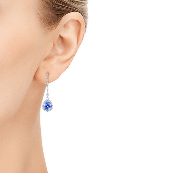 Platinum Platinum Blue Sapphire And Diamond Earrings - Hand View - 106648