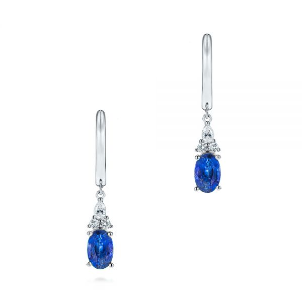 14k White Gold Blue Sapphire And Diamond Earrings - Three-Quarter View -  106062