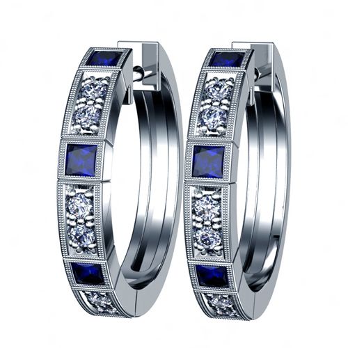  14K Gold Blue Sapphire And Diamond Earrings - Three-Quarter View -  915