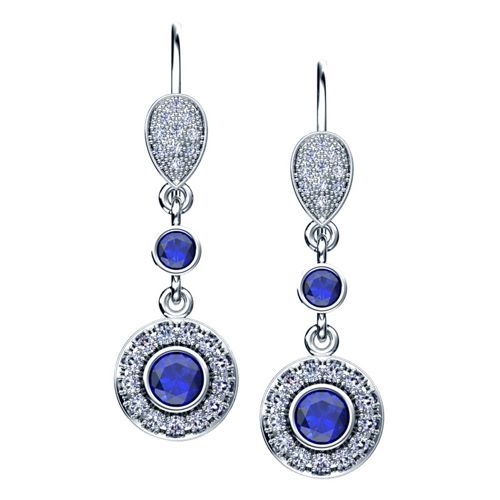  14K Gold 14K Gold Blue Sapphire And Diamond Earrings - Three-Quarter View -  972