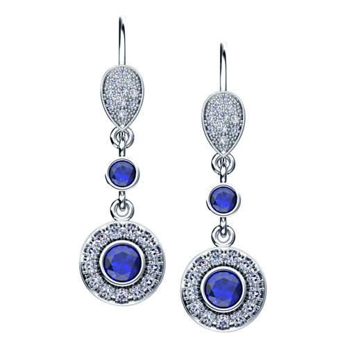18K Gold Blue Sapphire And Diamond Earrings - Three-Quarter View - 972