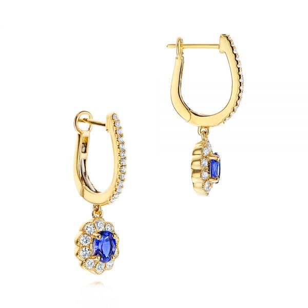  14K Gold Blue Sapphire And Diamond Earrings - Front View -  106455