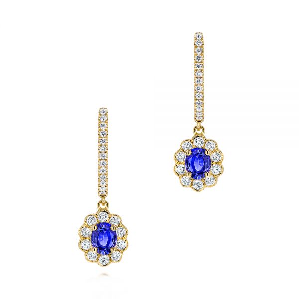 18k Yellow Gold 18k Yellow Gold Blue Sapphire And Diamond Earrings - Three-Quarter View -  106455