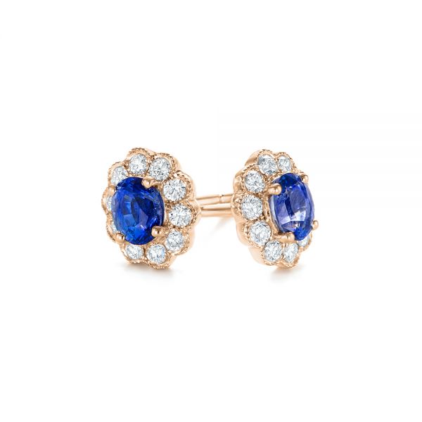 18k Rose Gold 18k Rose Gold Blue Sapphire And Diamond Floral Stud Earrings - Front View -  103727