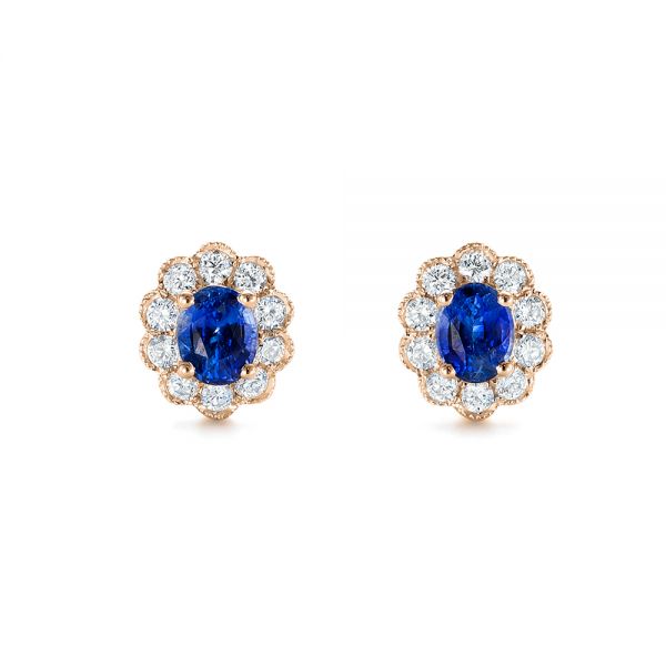 14k Rose Gold 14k Rose Gold Blue Sapphire And Diamond Floral Stud Earrings - Three-Quarter View -  103727