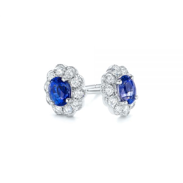 14k White Gold Blue Sapphire And Diamond Floral Stud Earrings - Front View -  103727