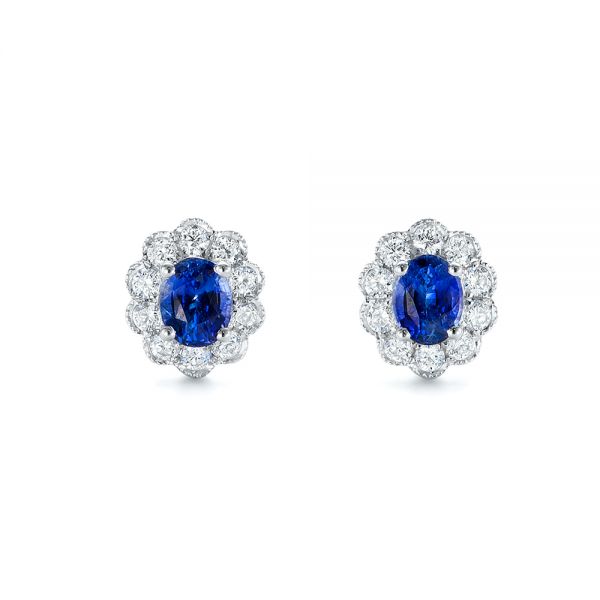 Blue Sapphire and Diamond Floral Stud Earrings - Image