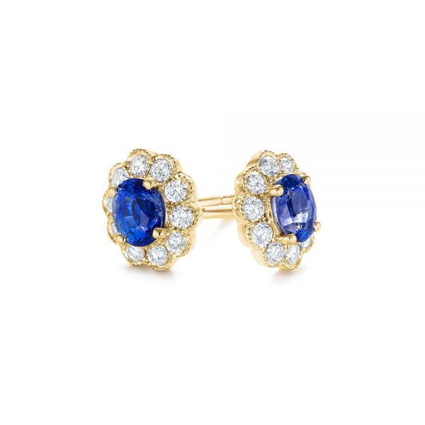 14k Yellow Gold 14k Yellow Gold Blue Sapphire And Diamond Floral Stud Earrings - Front View - 103727