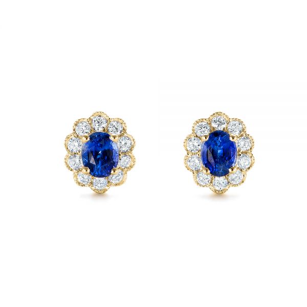 18k Yellow Gold 18k Yellow Gold Blue Sapphire And Diamond Floral Stud Earrings - Three-Quarter View -  103727