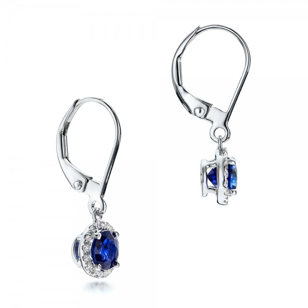 Blue Sapphire and Diamond Halo Drop Earrings - front perspective