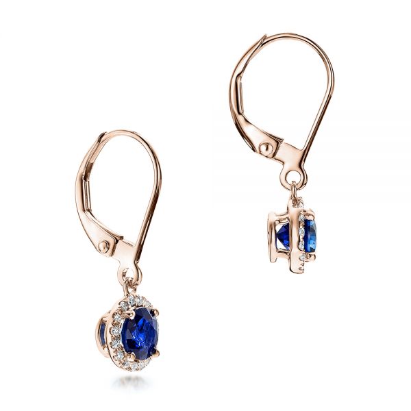 18k Rose Gold 18k Rose Gold Blue Sapphire And Diamond Halo Drop Earrings - Front View -  101031