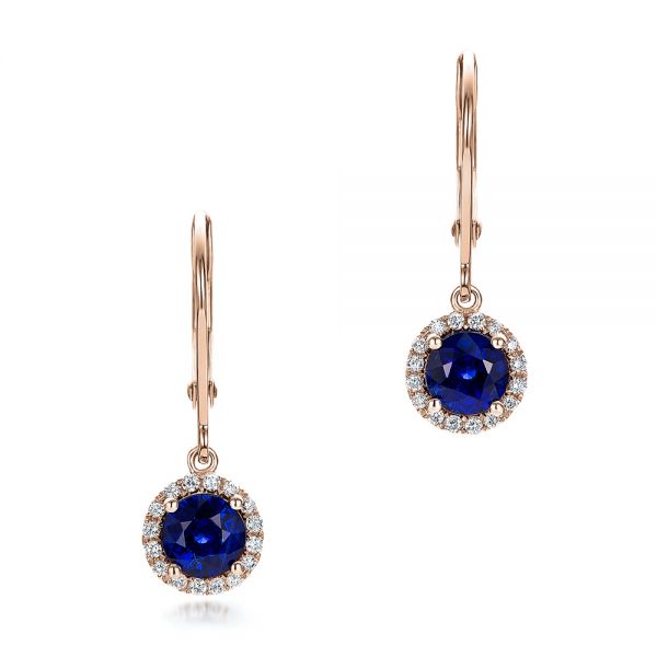 18k Rose Gold 18k Rose Gold Blue Sapphire And Diamond Halo Drop Earrings - Three-Quarter View -  101031
