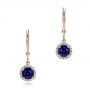 14k Rose Gold 14k Rose Gold Blue Sapphire And Diamond Halo Drop Earrings - Three-Quarter View -  101031 - Thumbnail