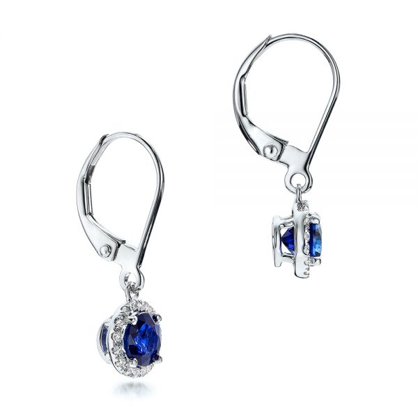 18k White Gold 18k White Gold Blue Sapphire And Diamond Halo Drop Earrings - Front View -  101031