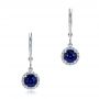 14k White Gold Blue Sapphire And Diamond Halo Drop Earrings - Three-Quarter View -  101031 - Thumbnail