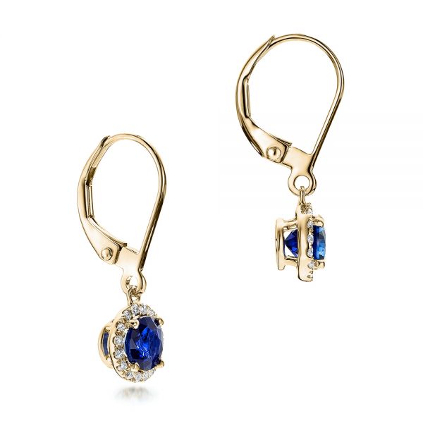 18k Yellow Gold 18k Yellow Gold Blue Sapphire And Diamond Halo Drop Earrings - Front View -  101031