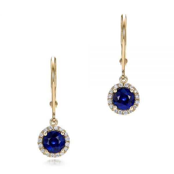 14k Yellow Gold 14k Yellow Gold Blue Sapphire And Diamond Halo Drop Earrings - Three-Quarter View -  101031